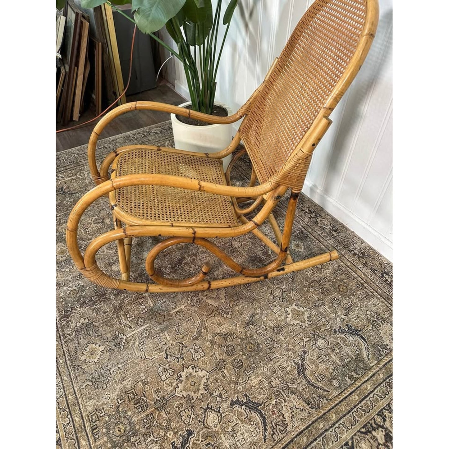 Vintage Thonet Style Large Tortoise Bamboo Bentwood Cane Rattan Rocking Arm Chair