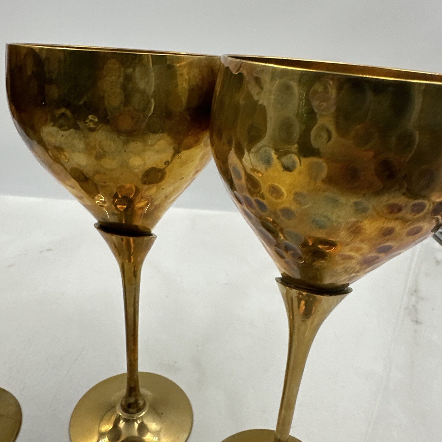 Vtg Brass Wine Glasses Goblet Bar Drink Chalice 7" Hammered Texture Tulip Stem 4
