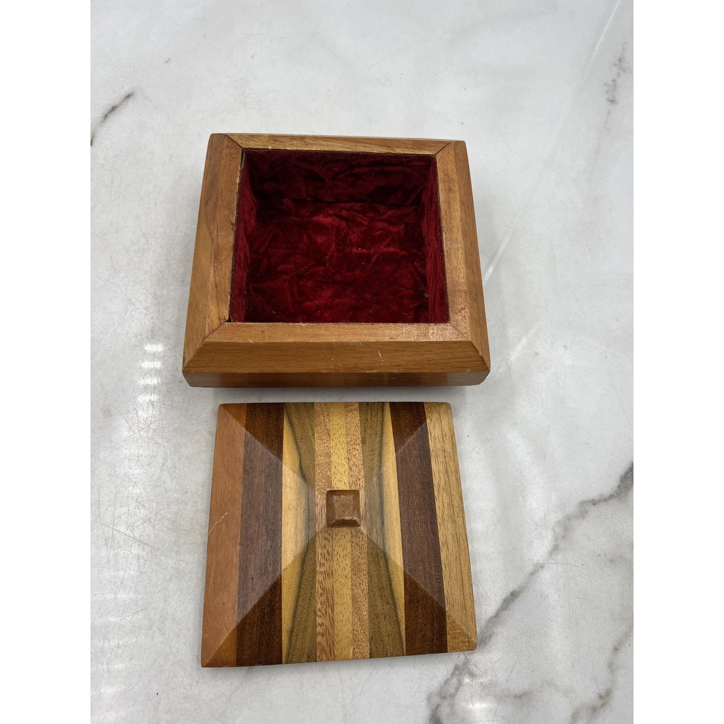 Vintage Handmade Striped Wood Jewelry Box Velvet Lined Lid Geometric Square 6"