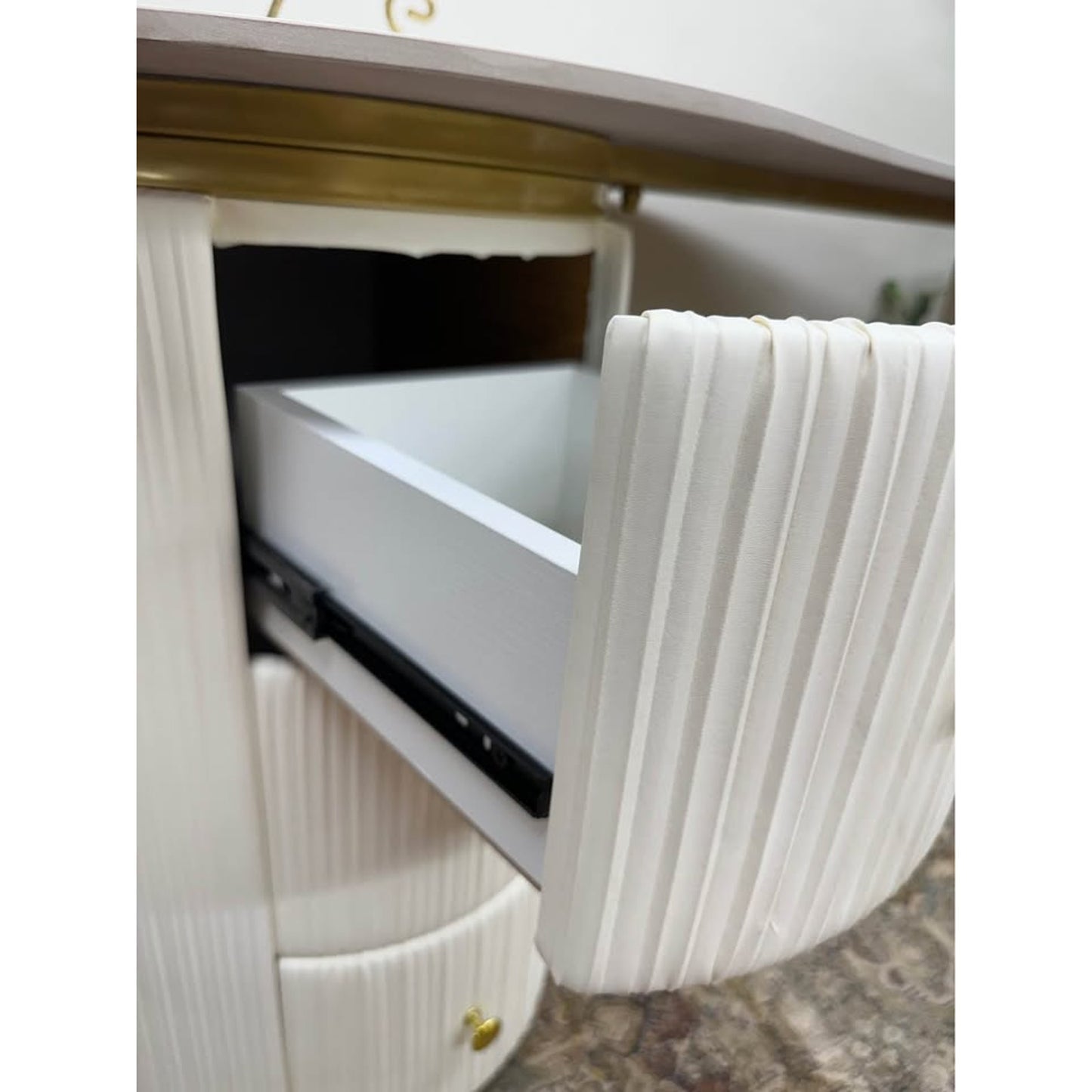 White Free Form Stone Desk Vanity Table Manufactured Wood+Leather Groove Interiors 3 Drawers