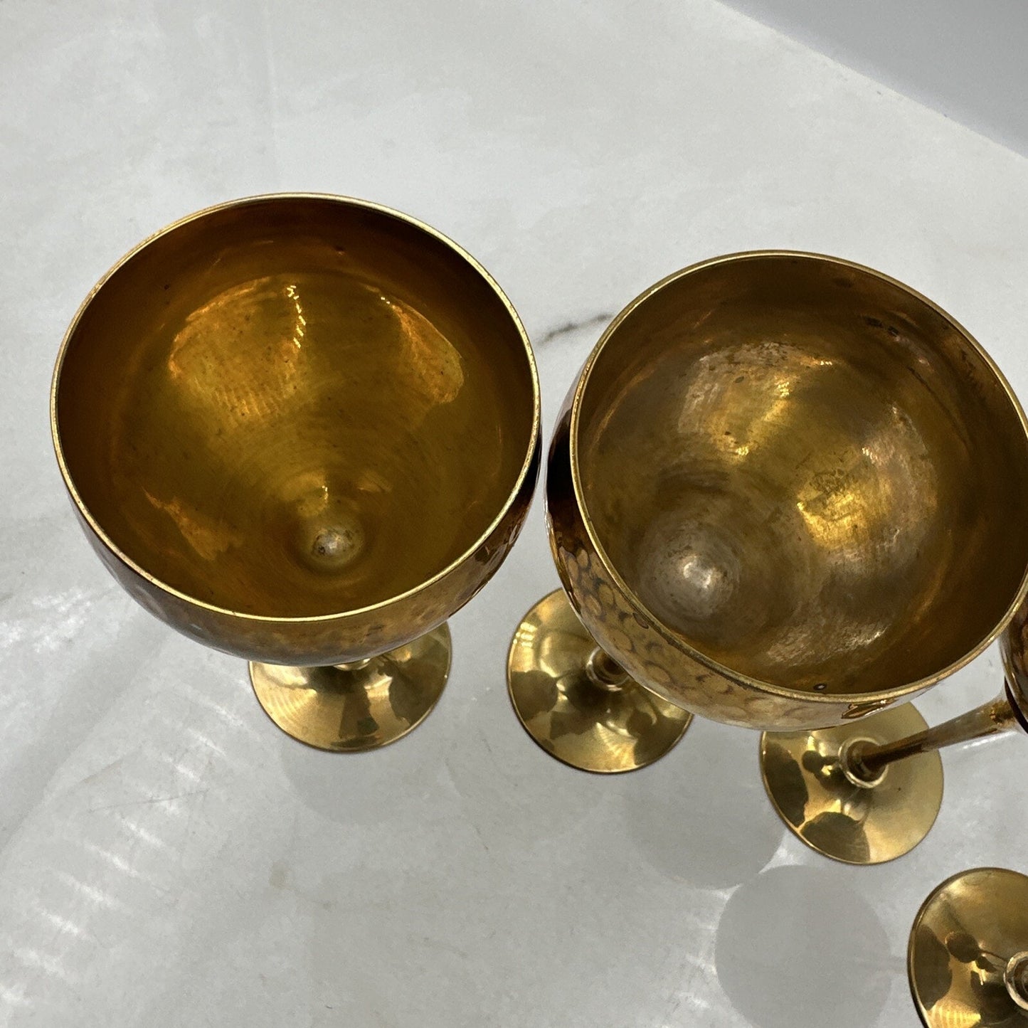 Vtg Brass Wine Glasses Goblet Bar Drink Chalice 7" Hammered Texture Tulip Stem 4