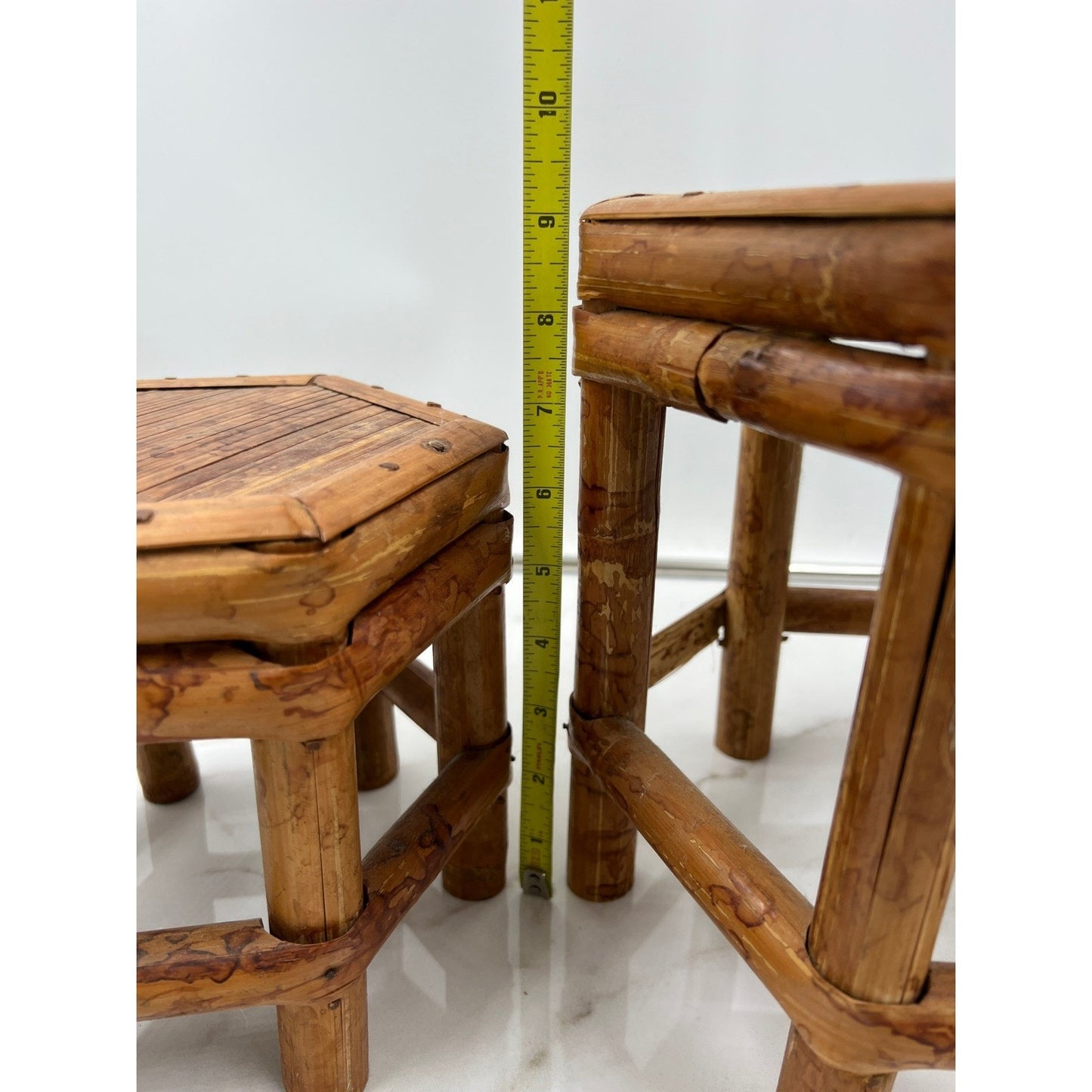 Vintage Tortoise Bamboo Octagon Stool Plant Stand Stackable Set of 2