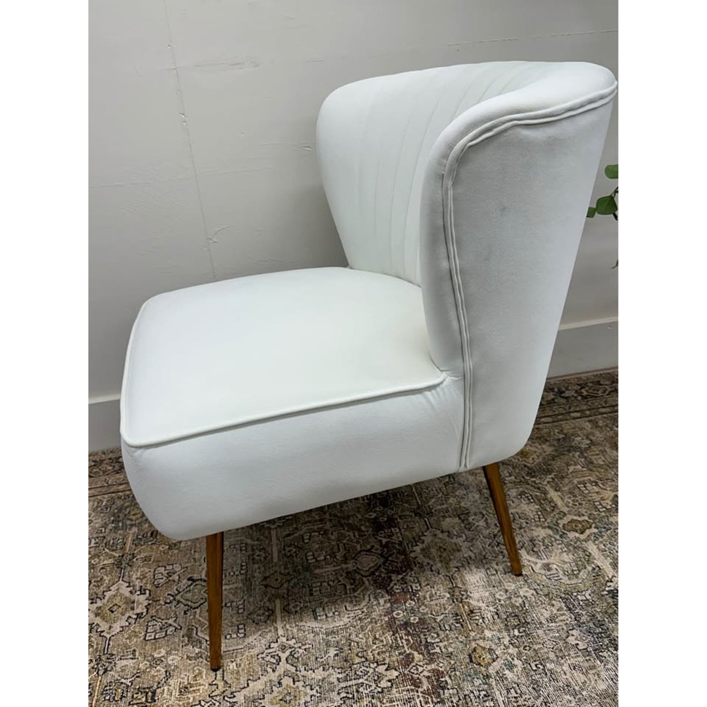 Donata Barrel Chair IVORY Upholstered Scalloped Back Velvet Gold Legs Side Chair