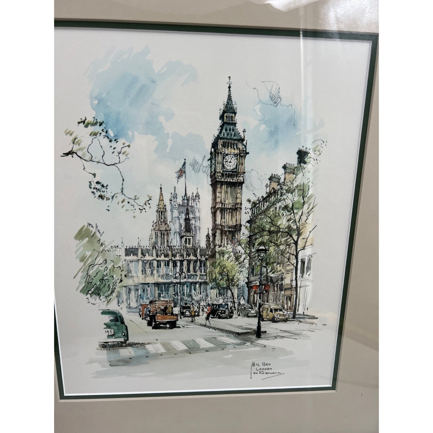 VTG Big Ben London Watercolor Art Print Framed Painting By Jan Korthals
