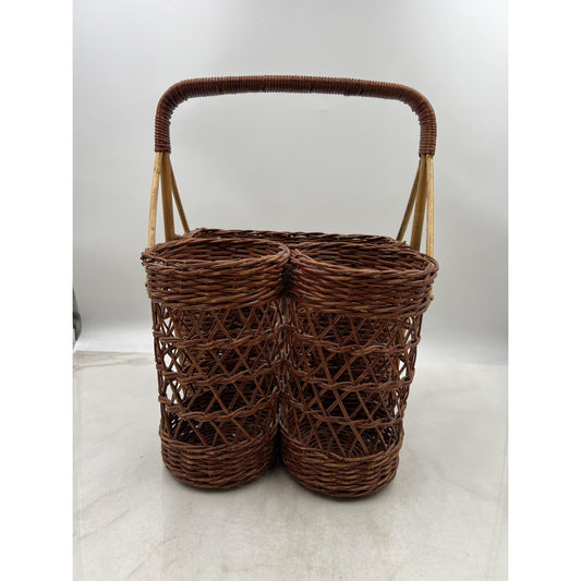 Vintage Wicker Bottle Carrier Picnic Basket Dual Cylinder Rectangular Compartmen