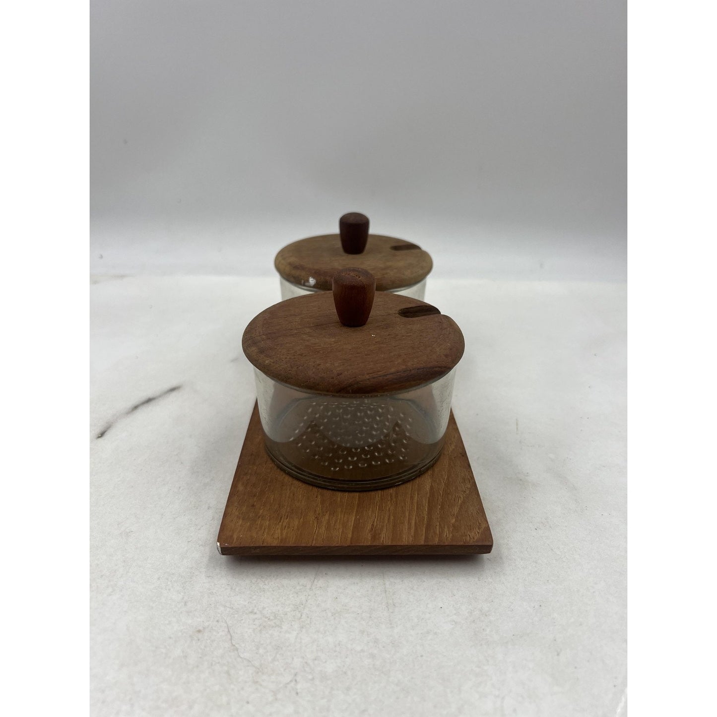 Luthje Wood Teak Glass Double Condiment Jar Set w/ Tray Danish Modern MCM