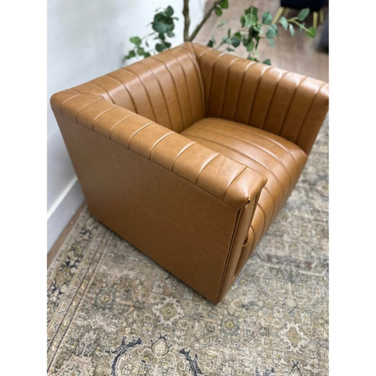 Esteban Swivel Chair-CAMEL Color Vegan Leather Channel Tufting Swivel Armchair Aviator New Karat