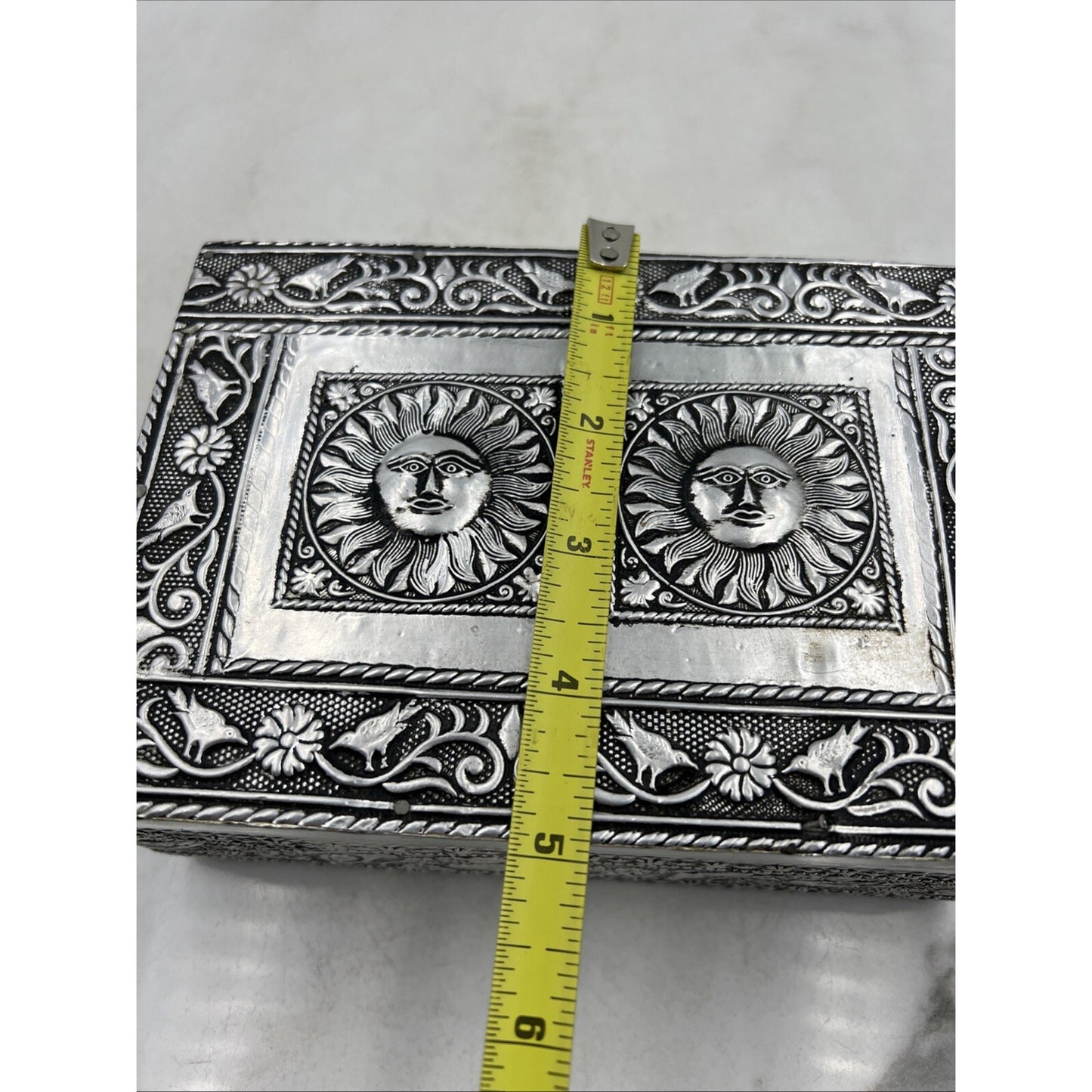 VTG Embossed Trinket Jewelery Box Silver Tone Rectangular Sun Face Birds