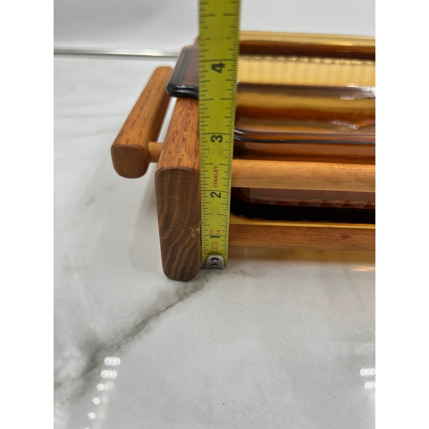 VTG Fire King Amber Glass Baking Dish Wood Cradle Anchor Hocking MCM