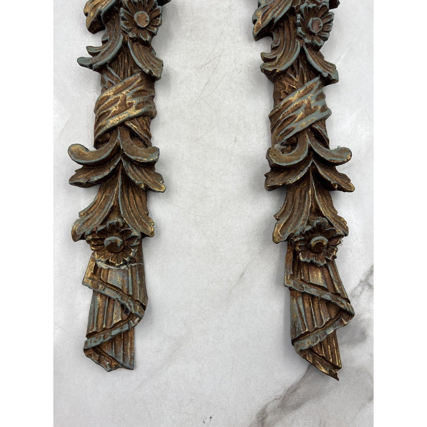 VTG Ornate Resin Wall Appliques Acanthus Floral Ribbon Rococo Green Gold French