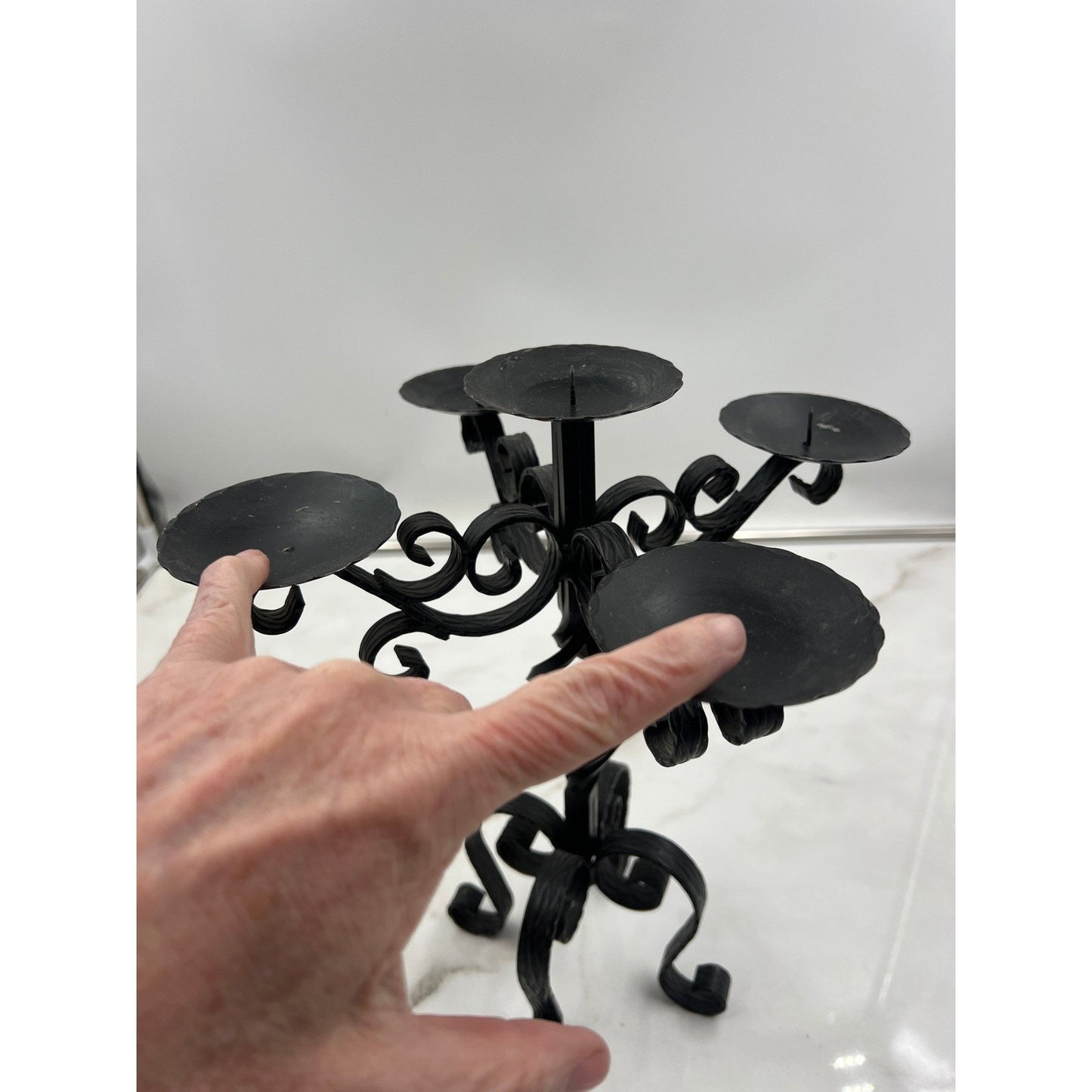 Vintage Wrought Iron 5 Light Candelabra Black Scroll Gothic Candle Holder 12in