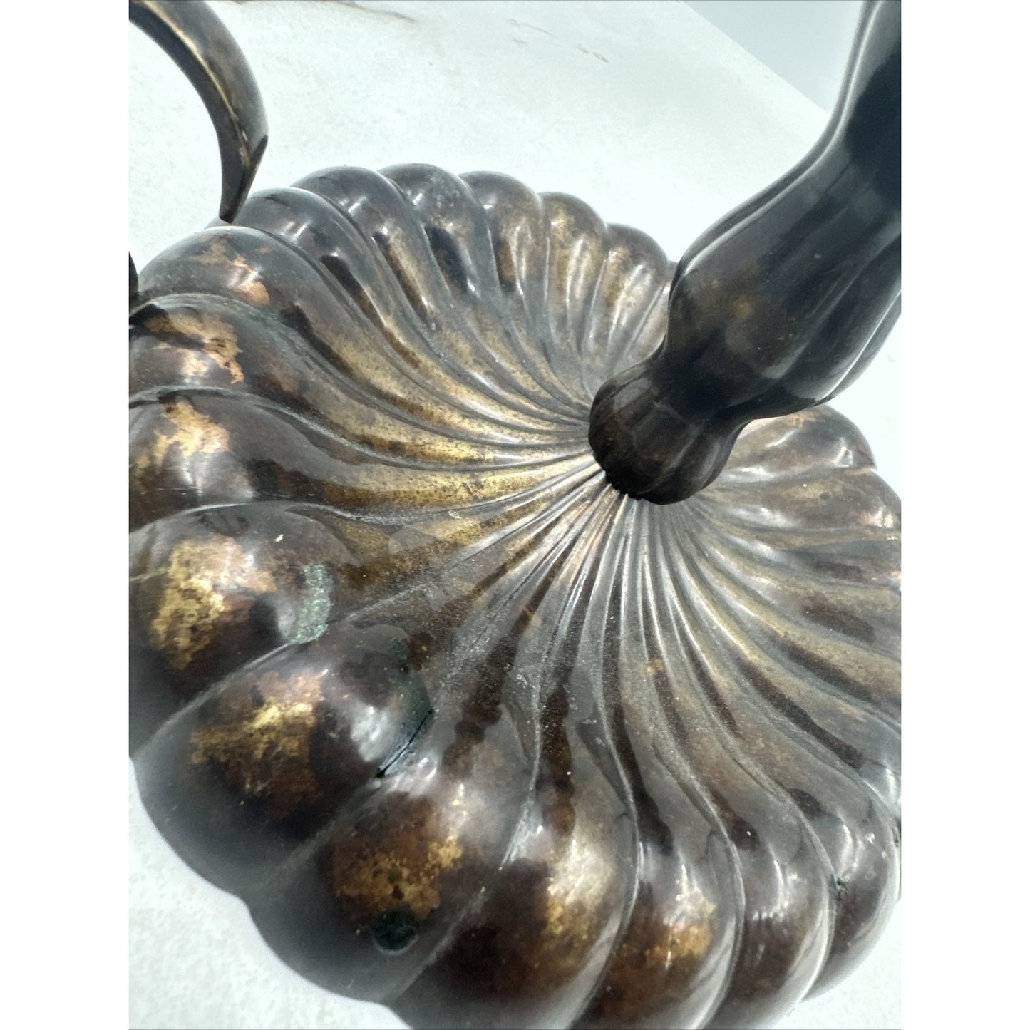 Vtg Brass Candle Holder Finger Loop Handle Scallop Ribbed Mid Century 5” India