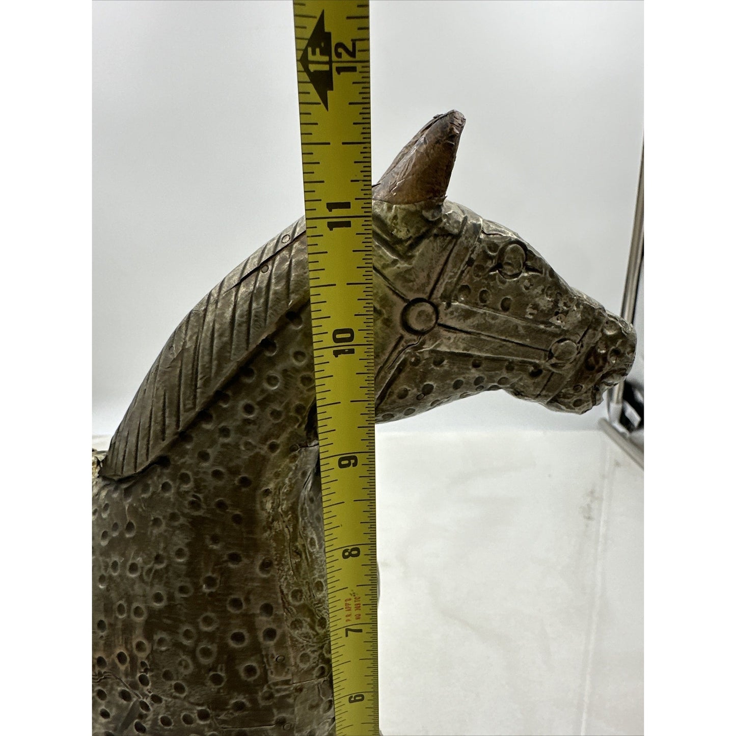Antique Wood Horse Figurine Metal Copper Wrapped Carved Statuette