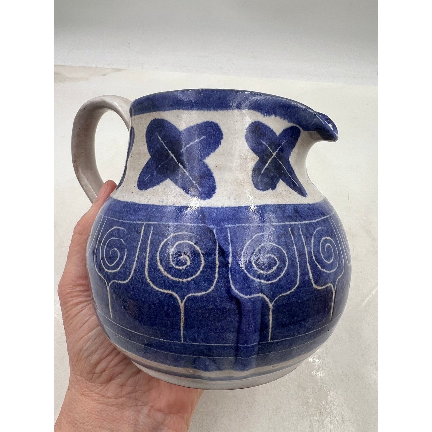 Blue White Ceramic Pitcher Creamer Small Decorative Hand Painted Swirl Floral