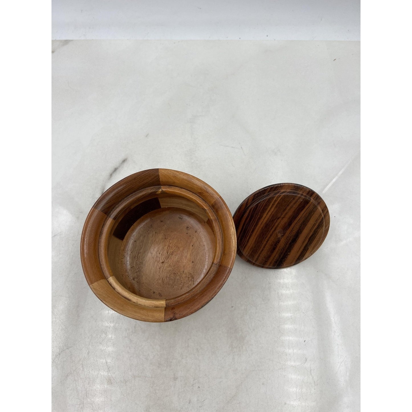 Handmade Wood Lidded Trinket Box Container Multi-Tone Carved Decorative Storage