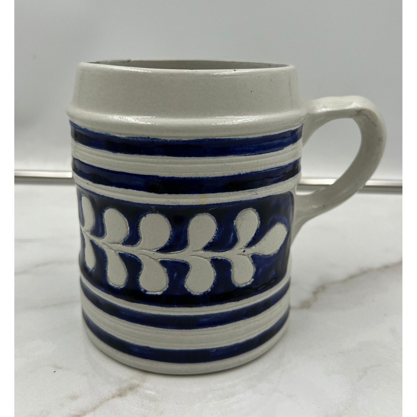 Vintage Salt Glazed Stoneware Beer Stein Cobalt Blue Leaf Pattern Souvenir Mug