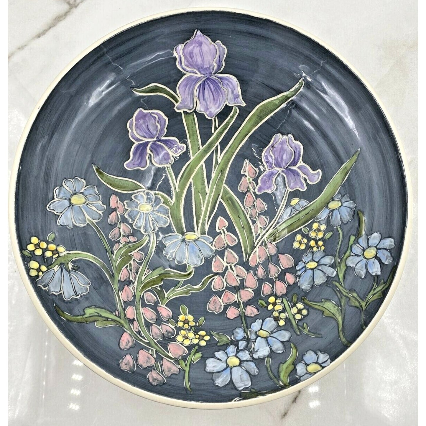 Studio Pottery Serving Bowl Handmade Spring Flowers Blue 12” Easter Spring