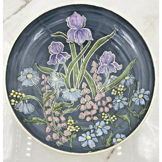 Studio Pottery Serving Bowl Handmade Spring Flowers Blue 12” Easter Spring