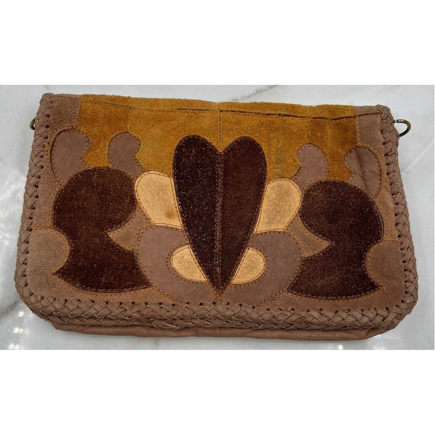 Vintage Patchwork Suede Leather Heart Boho Clutch Bag Brown Tan Braided Trim