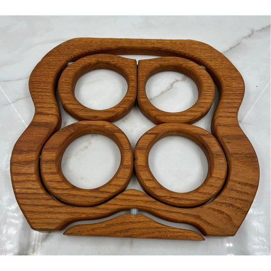 VTG Folding Wooden Trivet Expandable Four Ring Collapsible Wine Bottle Holder