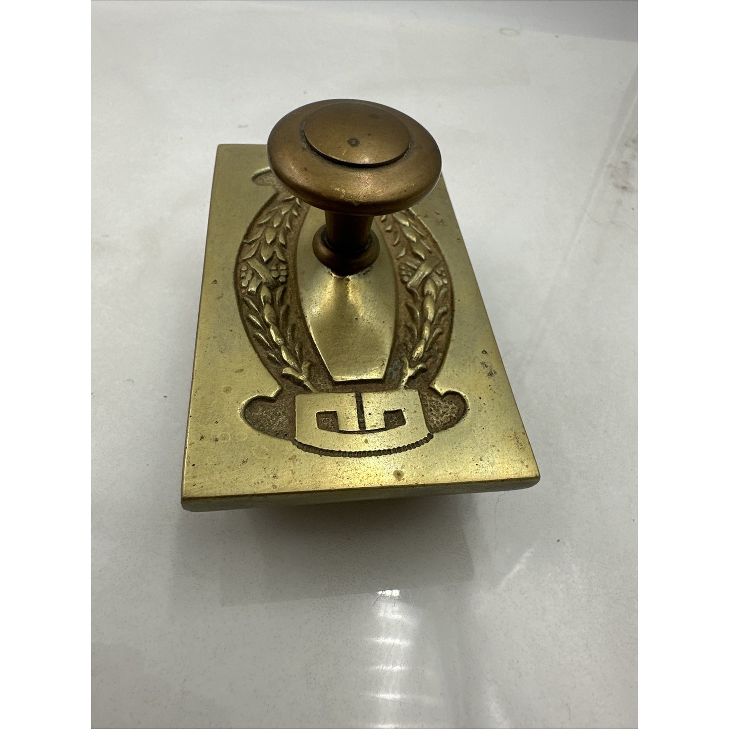 Antique Brass Double Inkwell and Stamp Stamper Art Nouveau Wheat Office Desk