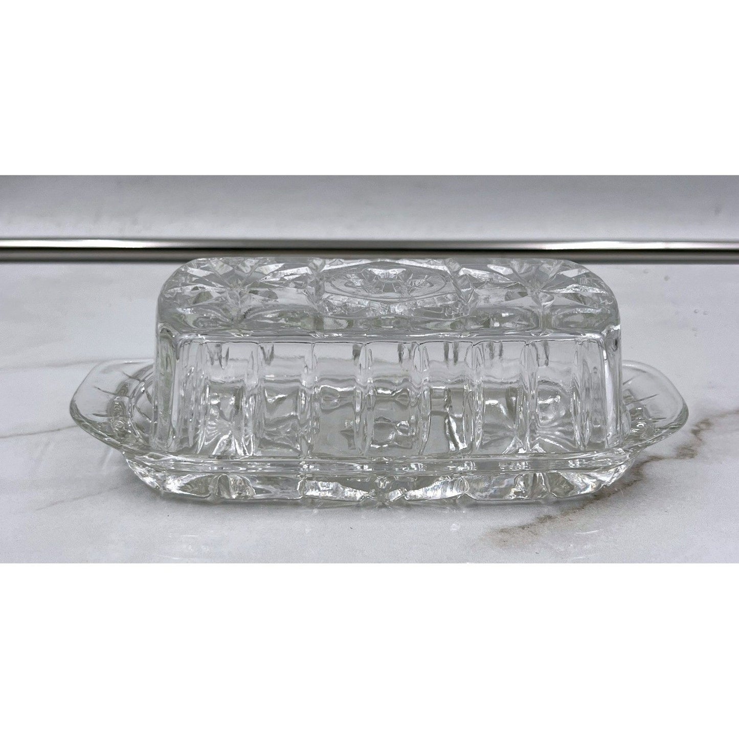 Butter Dish Vintage Clear Pressed Glass with Lid Starburst Diamond Pattern