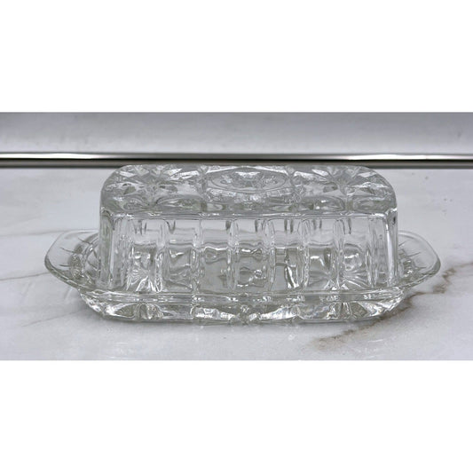 Butter Dish Vintage Clear Pressed Glass with Lid Starburst Diamond Pattern
