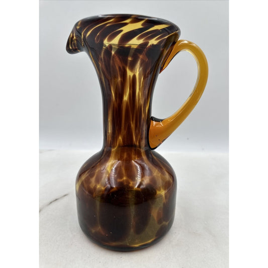 VTG Art Glass Pitcher Tortoise Amber Brown Swirl Water Applied Handle 9"