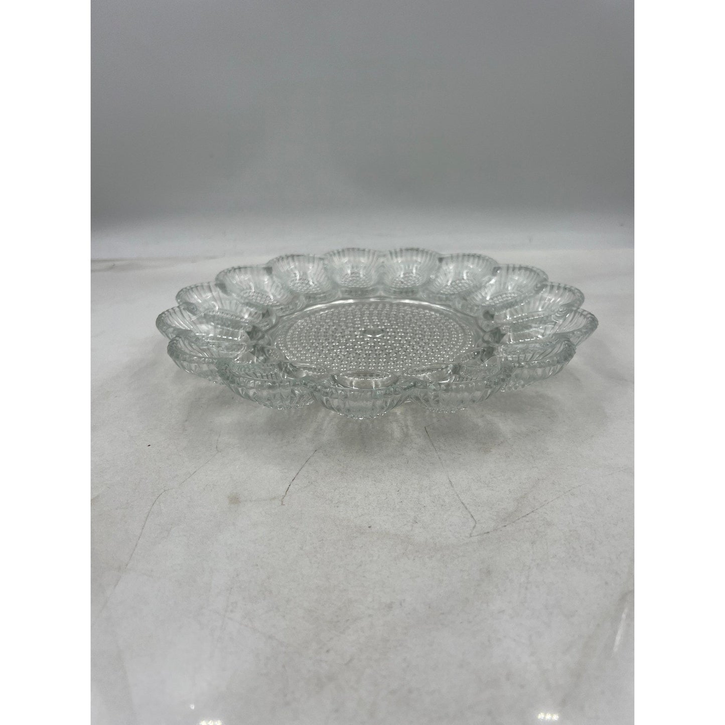 VTG Clear Glass Egg Plate Tray Holder 12 Eggs Center Serving Dish Scalloped Edge