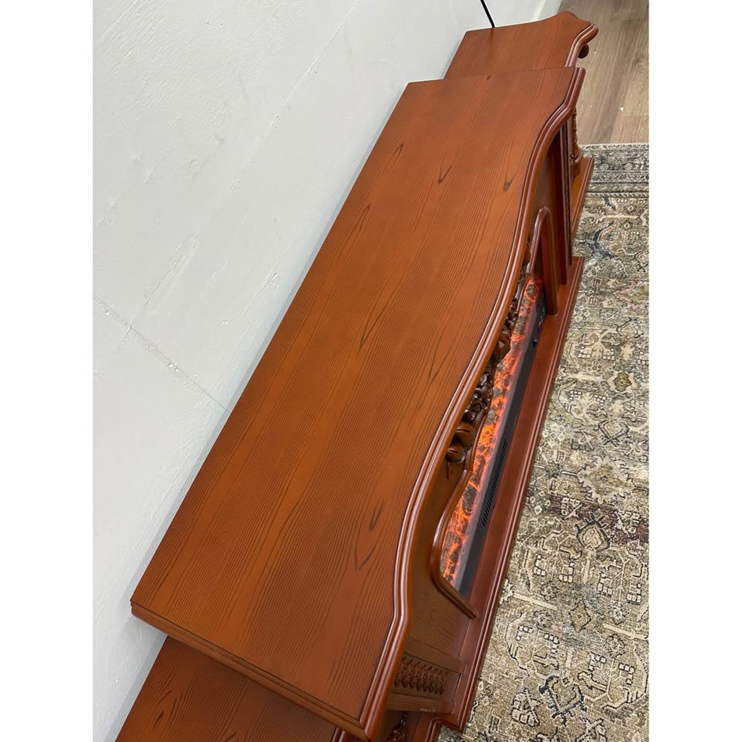 Carved Electronic Fireplace TV Storage Cabinet By Bkoksety Cherry Wood Look NEW