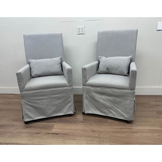 Gray Slipcovered Arm Chairs Dining Chairs Kitchen Chair Caster Wheels w/Pillows