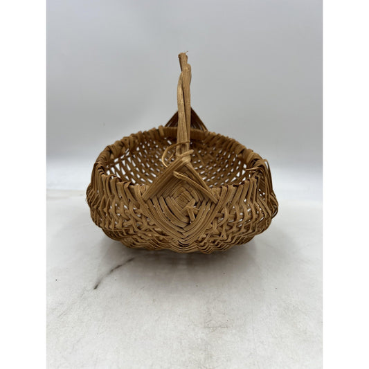 Handwoven Oak Splint Basket Rustic Round Handle 8.5" Folk Art Vintage Decor