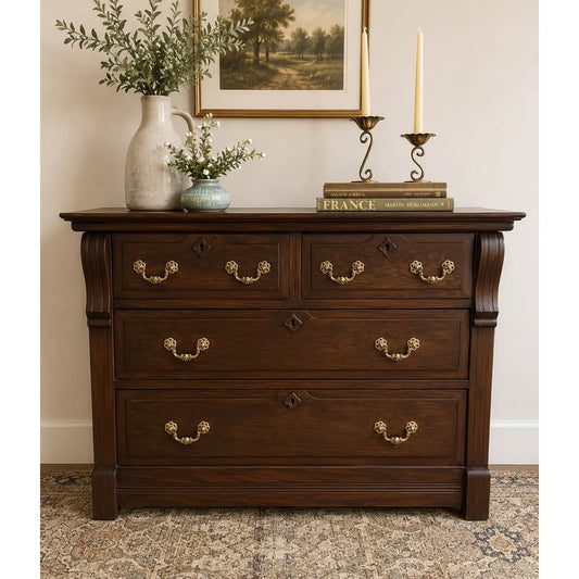 Antique Tiger Oak Dresser or Chest Entry Dark Finish Brass Accents
