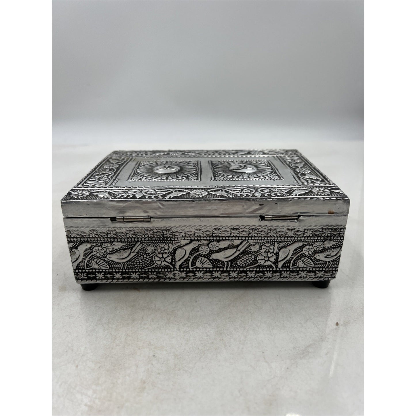 VTG Embossed Trinket Jewelery Box Silver Tone Rectangular Sun Face Birds