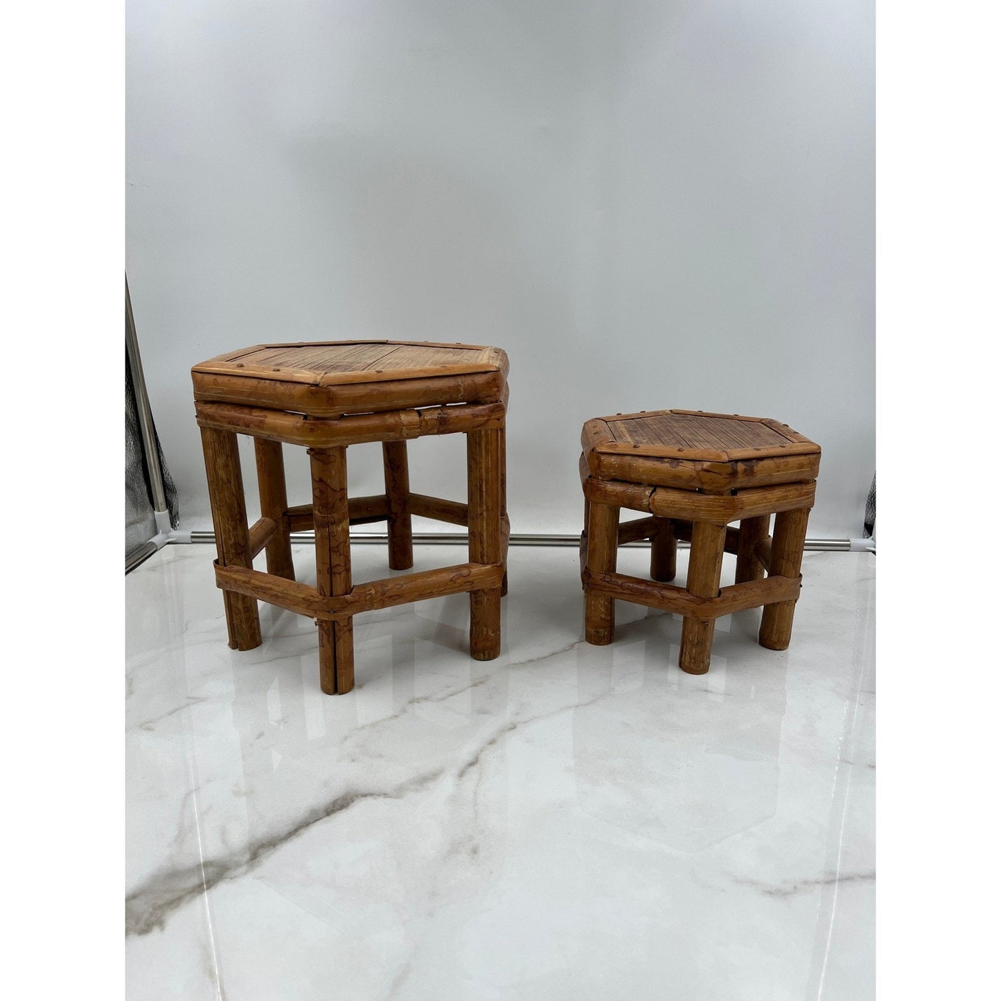 Vintage Tortoise Bamboo Octagon Stool Plant Stand Stackable Set of 2