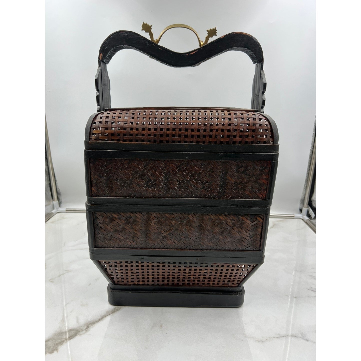 Vintage 3 Tier Chinese Wedding Basket Rattan Bamboo Design w/ Brass Deco