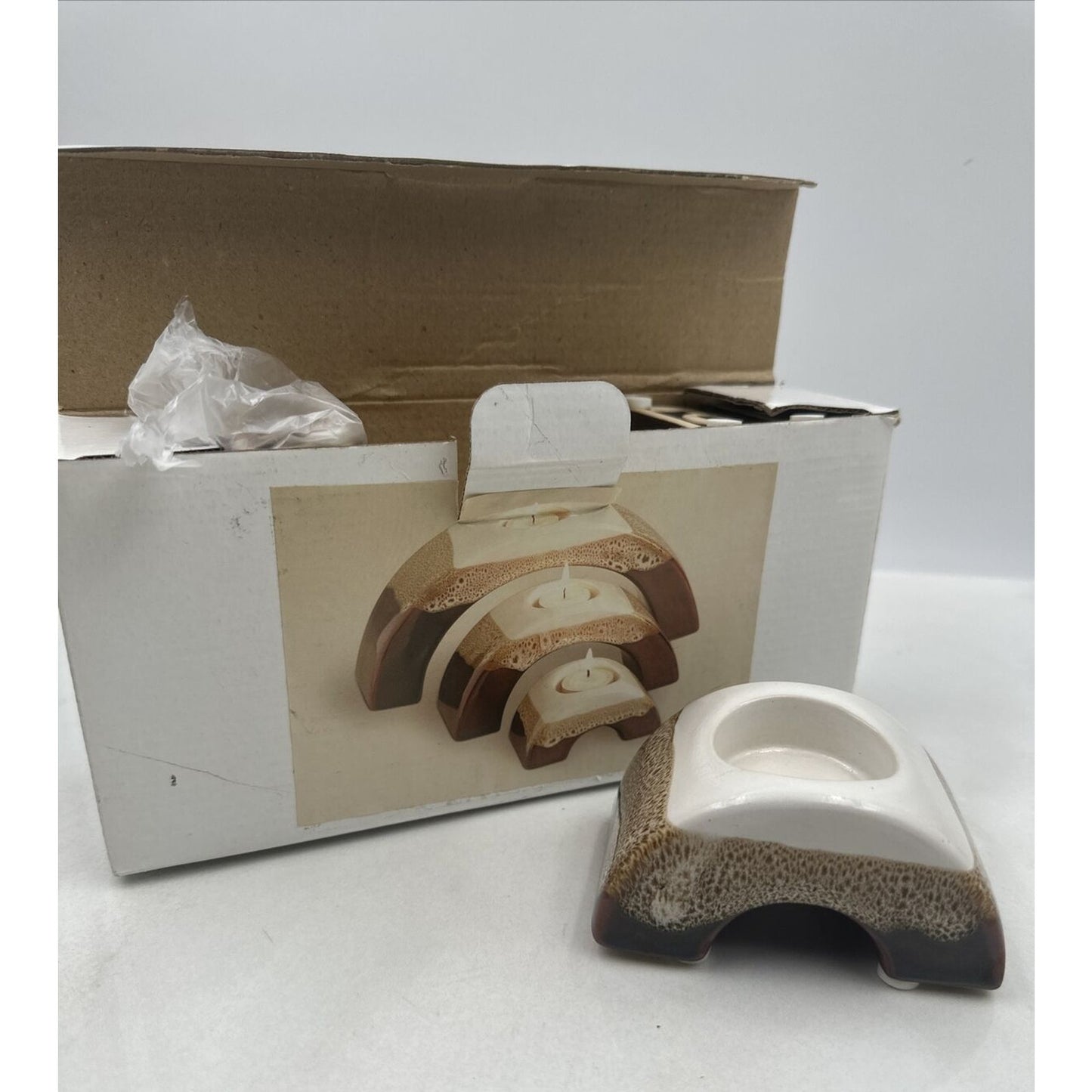 VTG Arched Candle Holders Nesting Ceramic Tealight Brown Drip Boho Set of 3