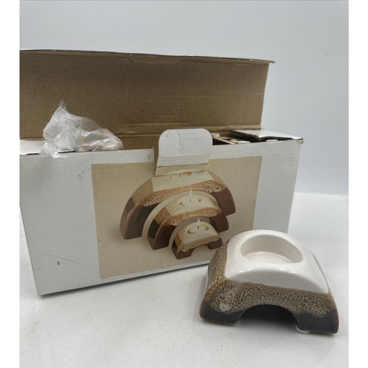 VTG Arched Candle Holders Nesting Ceramic Tealight Brown Drip Boho Set of 3