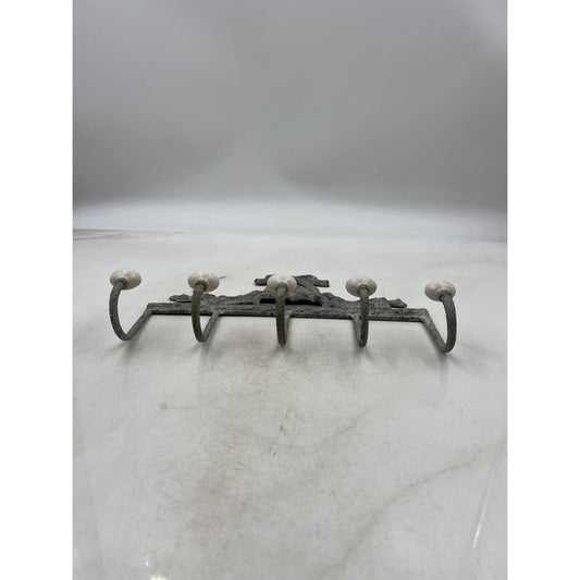 Vintage Cast Iron Wall Hook Rack Ornate French Bow Ribbon 5 Hooks Ceramic Tips