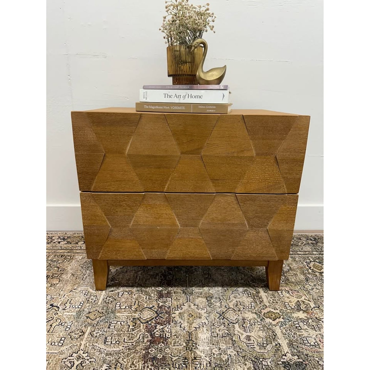 Helga 2 Drawer Nightstand Brown Wood MCM Style Built in Outlet