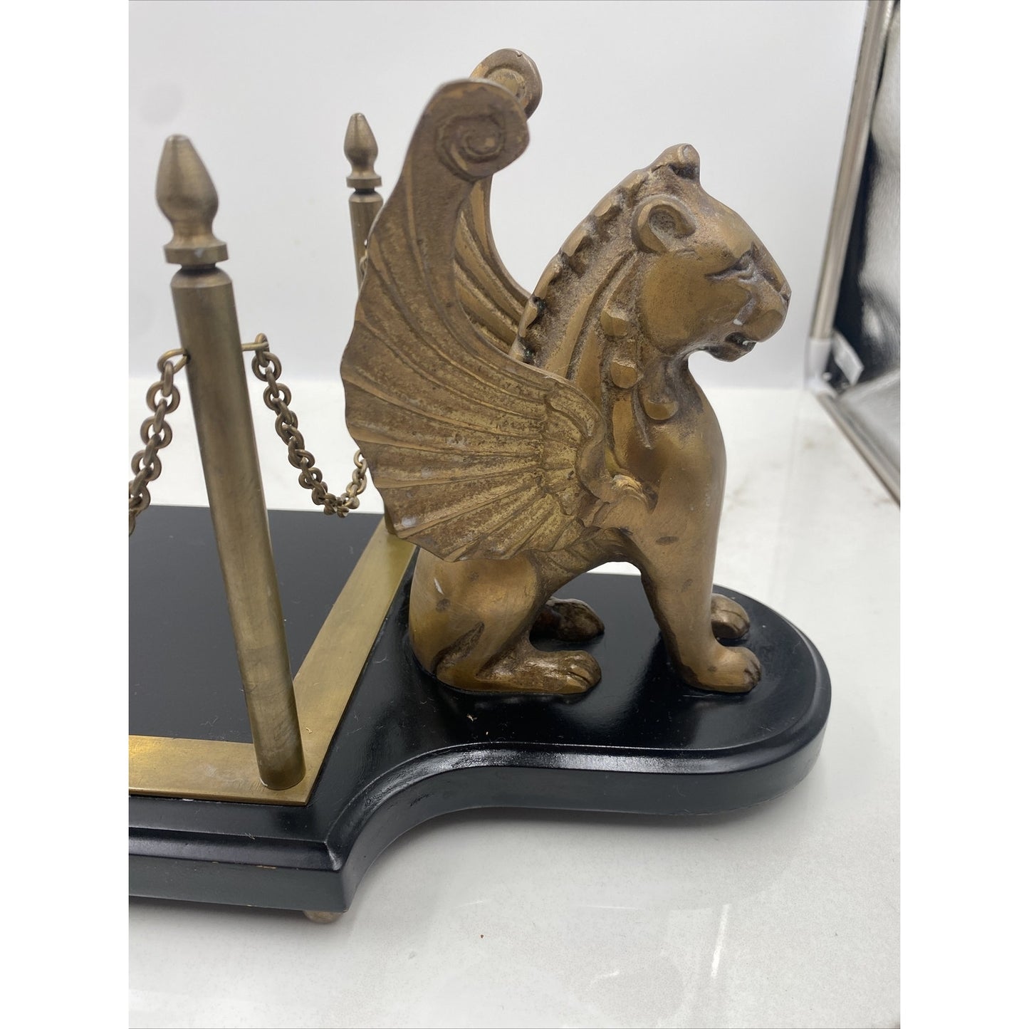 VTG Egyptian Brass Desk Book Holder Griffins Decanter Holder Stand Barware MCM