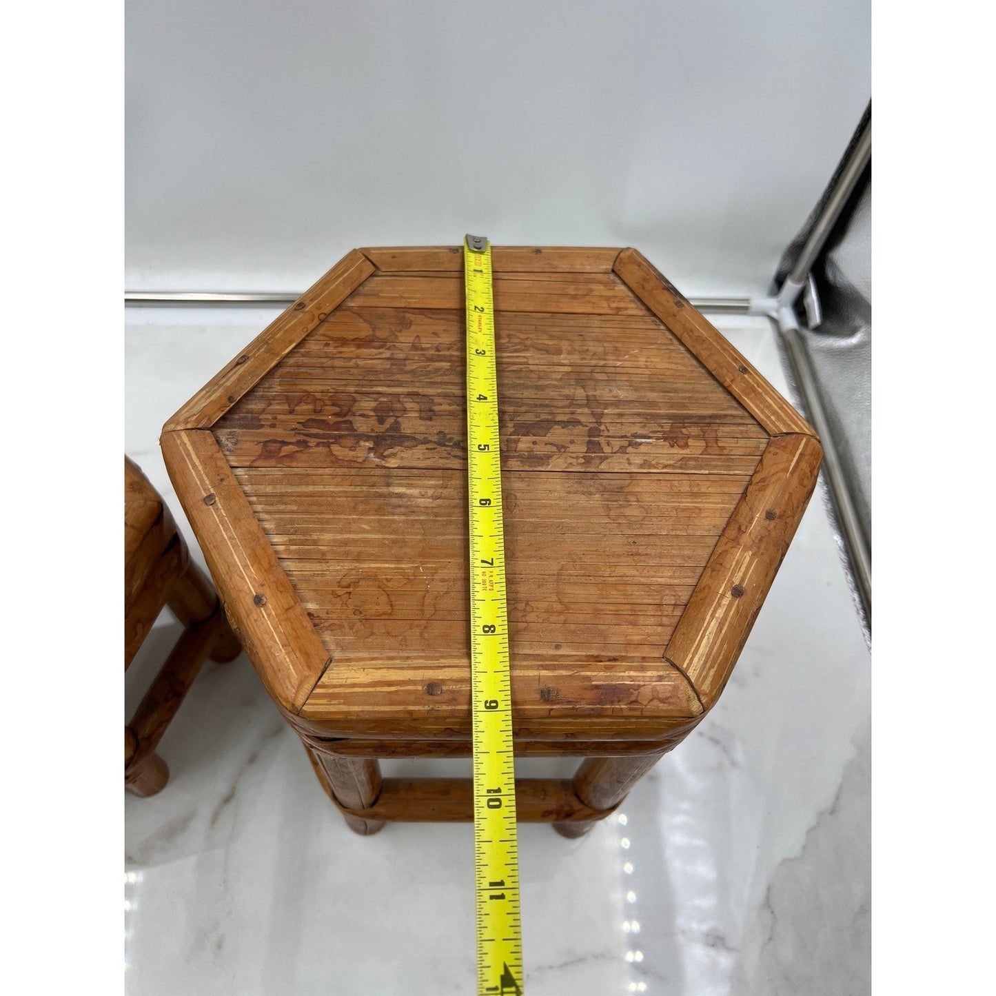Vintage Tortoise Bamboo Octagon Stool Plant Stand Stackable Set of 2