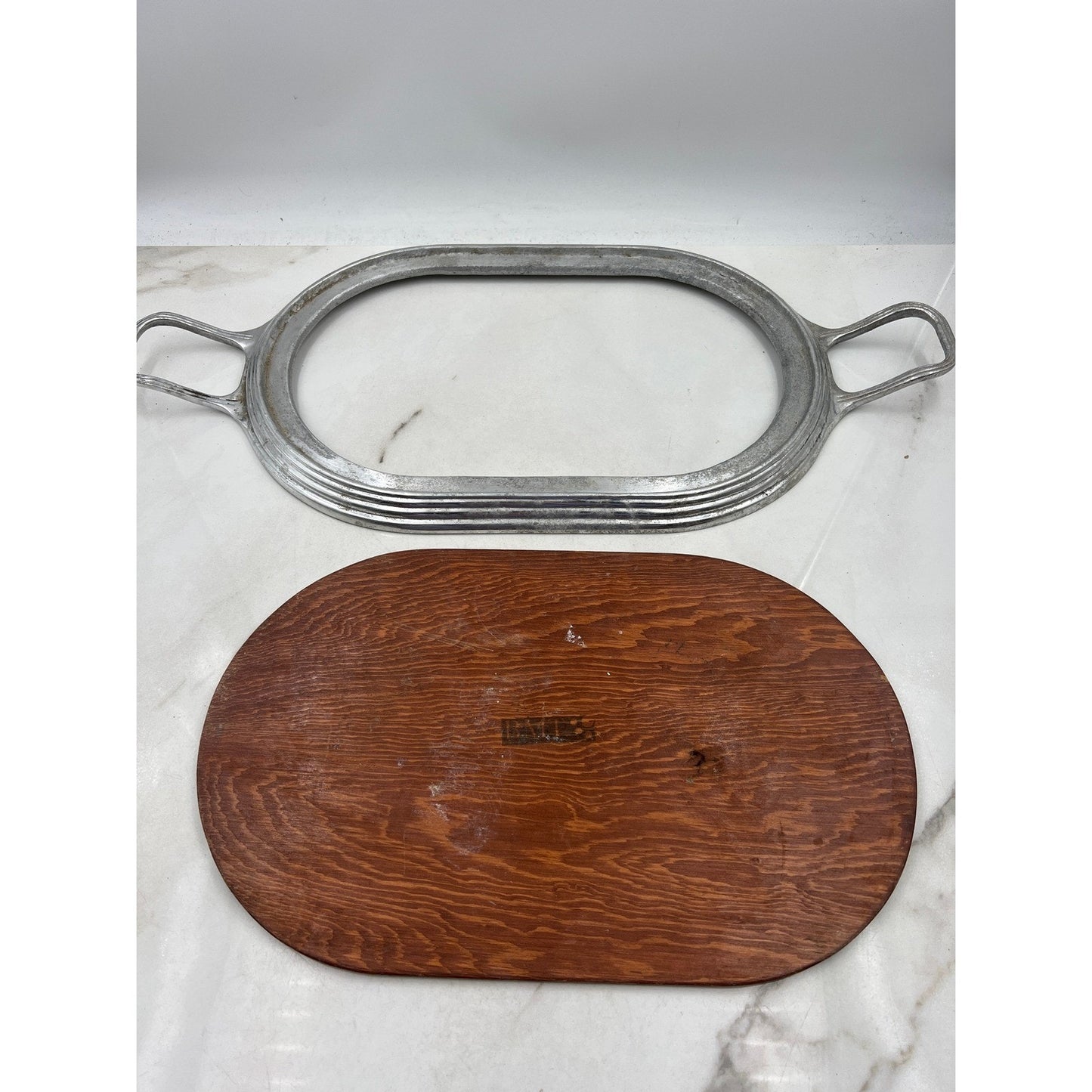 Vintage Wood Serving Tray Aluminum Handles Oval Platter Entertain