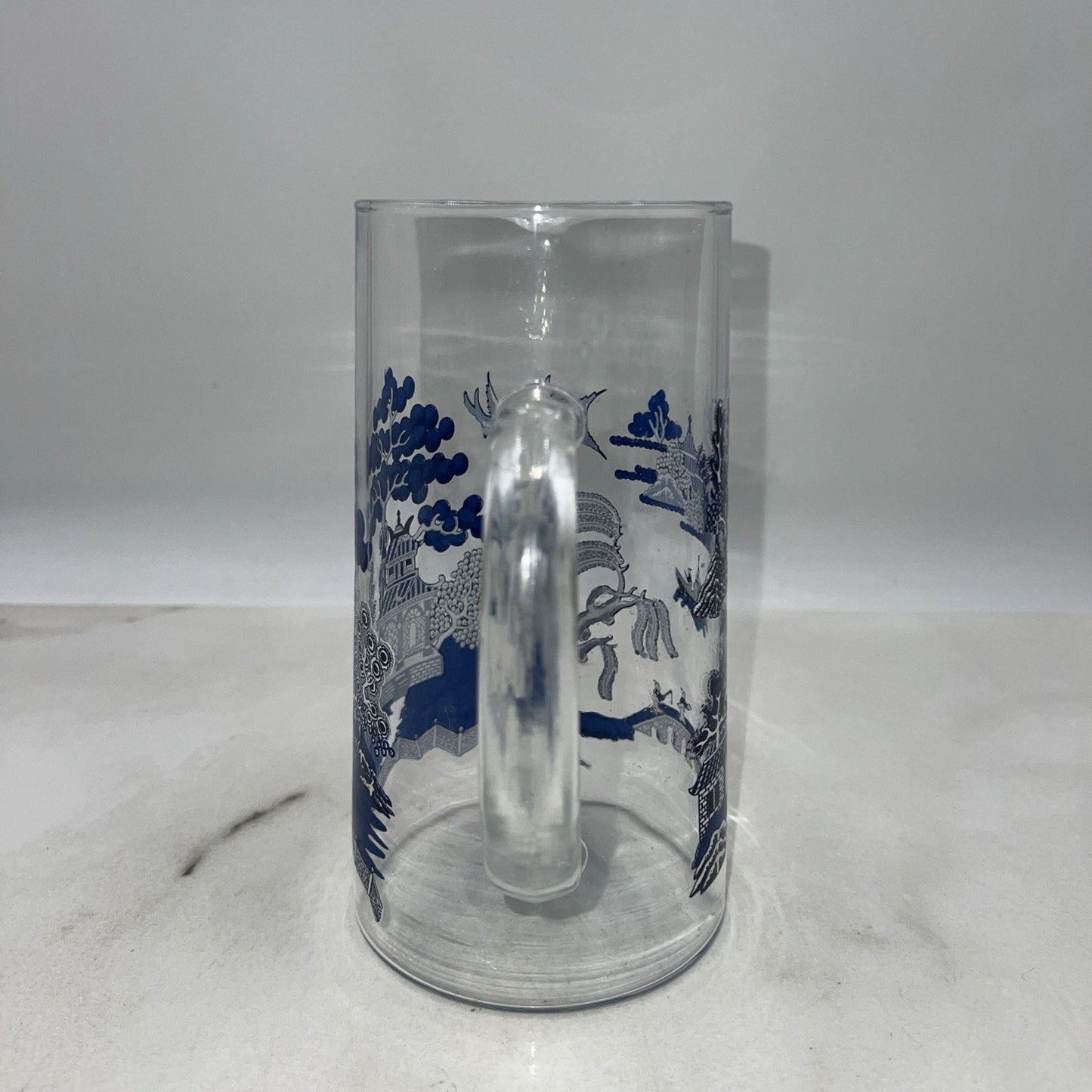 Vintage Glass Blue Willow Martini Pitcher w/ Applied Glass Handle