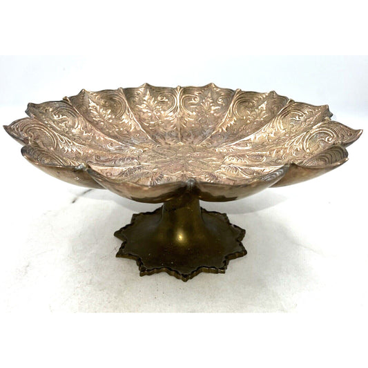 Vintage Brass Pedestal Bowl Scalloped Flower Design Engraved Home Decor