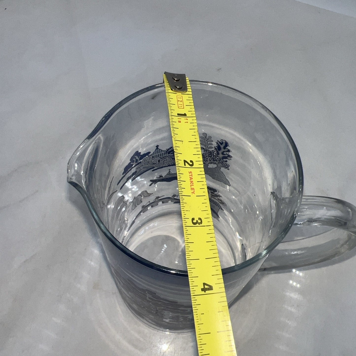 Vintage Glass Blue Willow Martini Pitcher w/ Applied Glass Handle