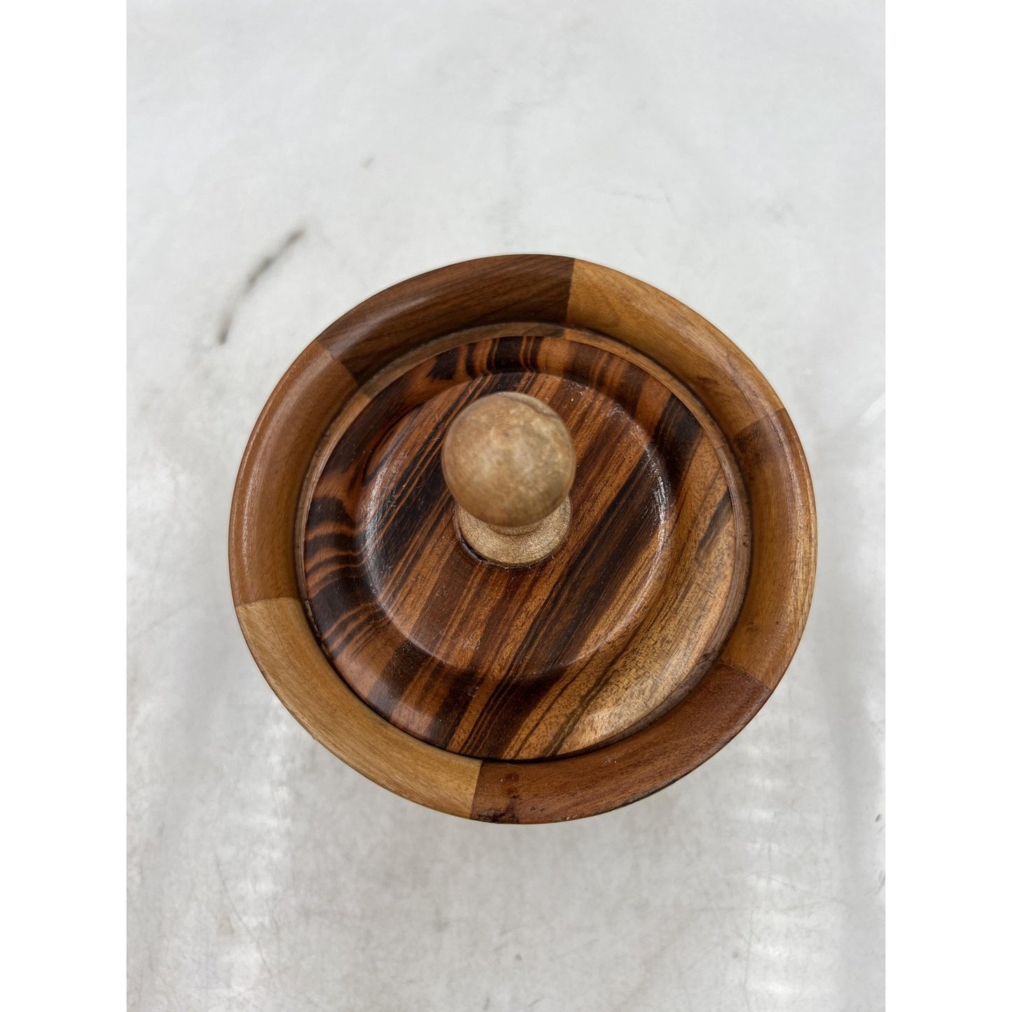 Handmade Wood Lidded Trinket Box Container Multi-Tone Carved Decorative Storage