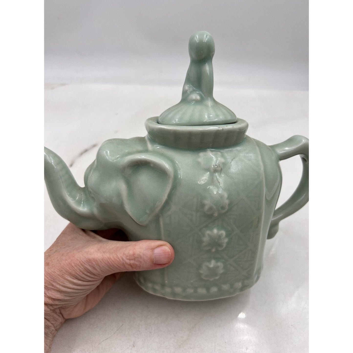 Celadon Porcelain Elephant Teapot Figural Lidded Pot Chinese Mark Relief Glaze