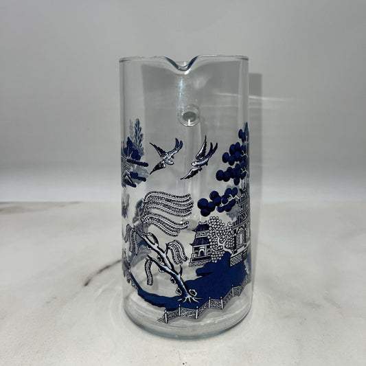 Vintage Glass Blue Willow Martini Pitcher w/ Applied Glass Handle