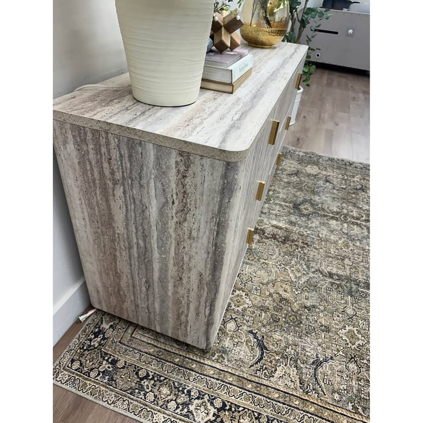 Roma Italian Faux Travertine Gold Dresser 6 Drawer Console Entry Credenza